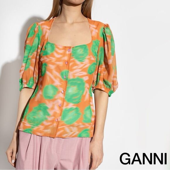 GANNI **NWT** Button-Up Puff Sleeve Crepe Blouse Vibrant Orange / Green Floral - Picture 3 of 16